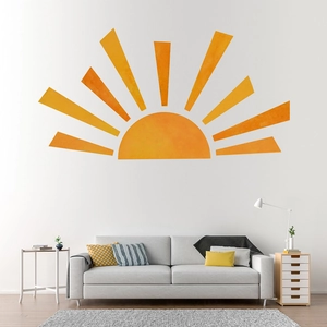 Rainbow sun vinyl wall decal with geometric rays for modern living room decor
