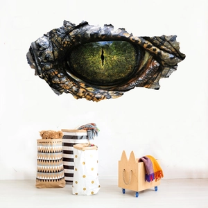 Close-up of 3D dinosaur eye wall sticker with realistic scales and cracked wall effect