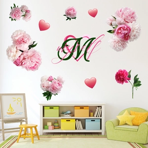 Stickers muraux pivoines et motifs de cœur pour décoration de salon et chambre
