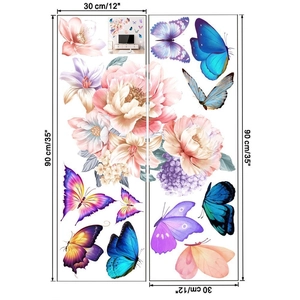 Detail view of butterfly and flower wall stickers with dimensions 30x90cm in two sheets
