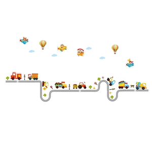 Cartoon vehicle wall stickers with road, cars, and hot air balloons for kids room