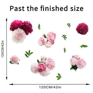 Detailed size guide for peony flower wall decals showing 120cm finish layout measurements