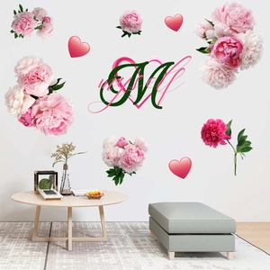 Stickers muraux pivoines avec feuilles vertes et lettre M pour décor de maison