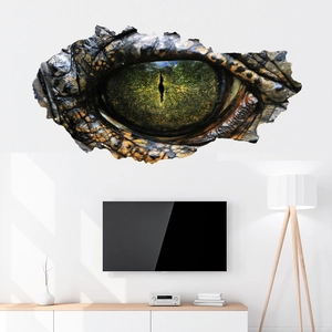 Detail of 3D cracked wall sticker showing realistic green dinosaur eye and scaly textures