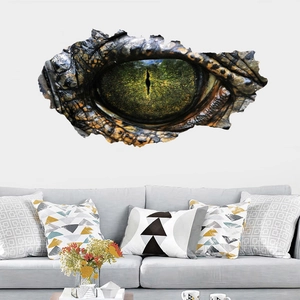 3D cracked wall decal featuring a realistic reptile eye for modern living room decor
