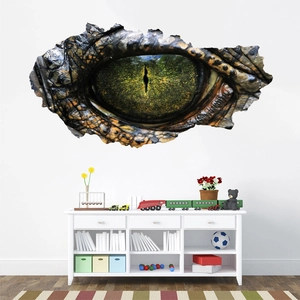 Detailed 3D wall sticker featuring a realistic dinosaur eye peering through a cracked wall