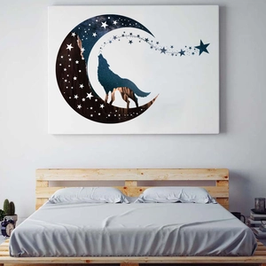 Détail du sticker mural loup nuit étoilée avec lune et étoiles dans la chambre