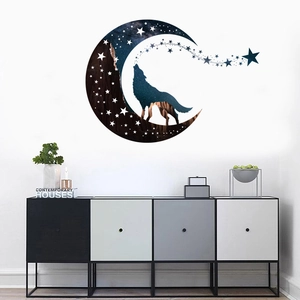 Sticker mural créatif loup et lune étoilée pour décoration salon et chambre