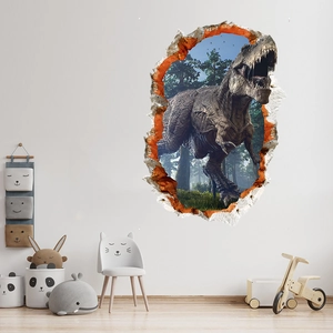 Detail of 3D T-Rex wall sticker breaking through a stone wall in a cozy kids bedroom