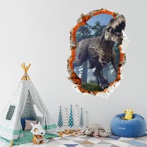 3D T-Rex wall sticker showing dinosaur breaking through wall in a kids' bedroom