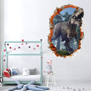 3D T-Rex wall sticker detail showing realistic broken wall effect in a kid's bedroom