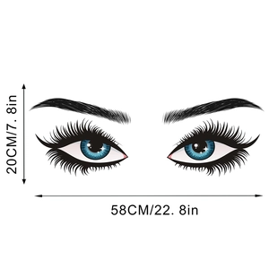 Detail view showing dimensions of black vinyl eyelash wall decal for living room