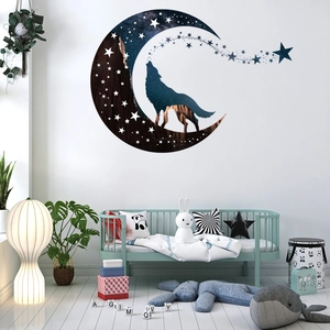 Sticker mural loup et lune ciel étoilé pour décoration chambre enfant avec étoiles