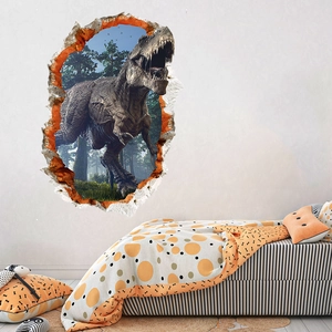 Detailed 3D visual wall sticker of a T-Rex dinosaur breaking through a bedroom wall