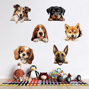 Close-up of realistic 3D dog head wall stickers in a cozy child's bedroom decoration