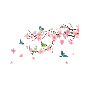 Detail of magpie birds on pink plum blossom tree branches vinyl self-adhesive wall decal