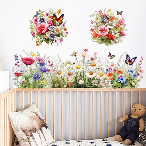 Pastoral Butterfly Flower Meadow Wall Stickers PVC Waterproof Self Adhesive Wall Decal For Kids Room Living Room Bedroom Decor