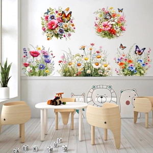Vibrant grass flower and butterfly wall stickers for living room and nursery decor