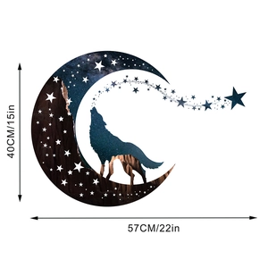 Détail du sticker mural loup étoilé et croissant de lune avec dimensions en pouces