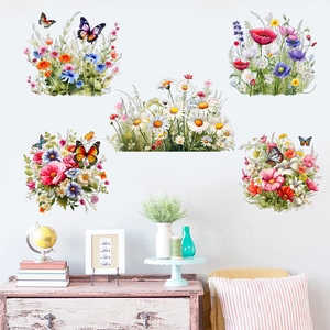 Self-adhesive floral wall stickers set with colorful butterflies for home decor