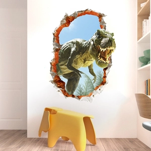 3D realistic green T-Rex dinosaur breaking through a white wall sticker for kids' rooms