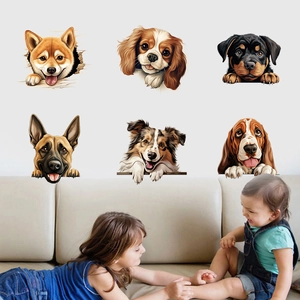 Detail of 3D realistic dog head wall stickers showing the 6 different breeds on a living room wall