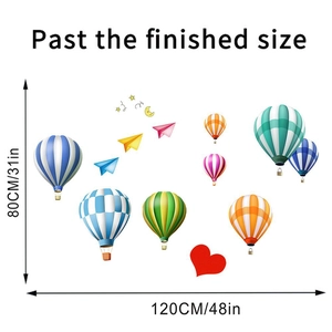Detailed dimension layout of hot air balloon and stars wall stickers for kids room decor