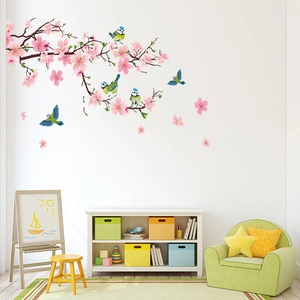 Self-adhesive cherry blossom and birds wall decal set for nursery and bedroom decor
