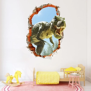 Detailed 3D dinosaur wall sticker breaking through a wall for kids bedroom decoration