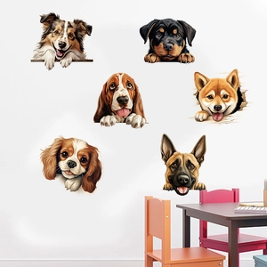 3D realistic colorful dog wall stickers set featuring 6 breeds for kids room decor