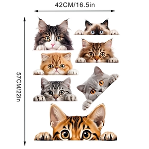 Detail showing dimensions of 7 cute cat wall stickers for living room decor