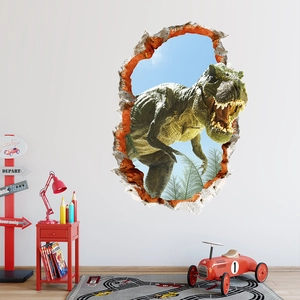Detail of 3D T-Rex wall sticker bursting through white wall in a kid bedroom decor