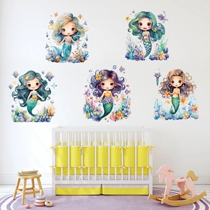 Nursery wall stickers featuring five watercolor mermaids and marine starfish decor