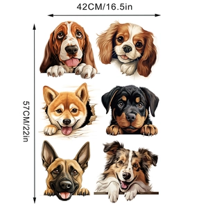 Detailed sheet of six realistic 3D dog wall decals featuring various breeds 42x57cm
