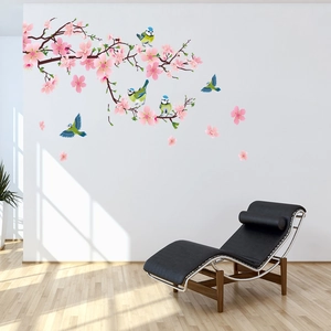 Self-adhesive wall sticker featuring magpies on plum branches with pink cherry blossoms