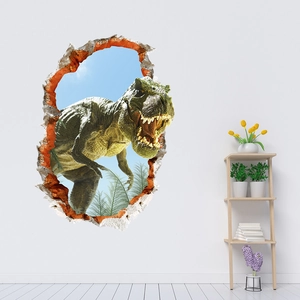 3D visual wall sticker showing a T-Rex dinosaur breaking through wall for kids' room decor