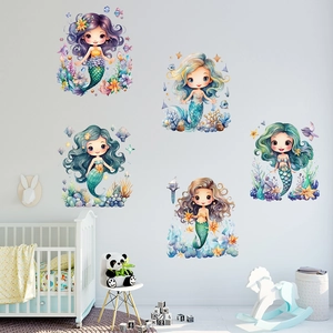 Cartoon Mermaid Seaweed Starfish Underwater World Wall Stickers Waterproof PVC Self Adhesive Decal For Kids Bedroom Decor