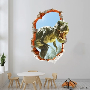 Detail of 3D dinosaur wall sticker showing a T-Rex breaking through a white brick wall