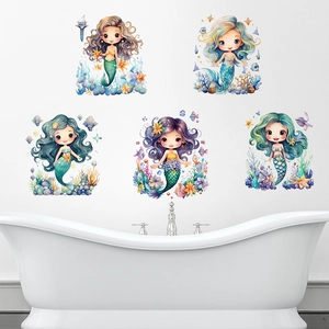 Self-adhesive watercolor mermaid wall stickers for children's room and bathroom decor