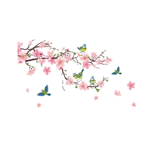 Pink cherry blossom wall stickers with blue birds and branches for home wall decoration