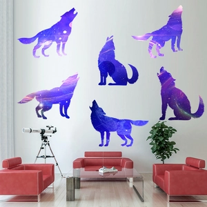 Starry sky wolf silhouette wall stickers in blue and purple for living room decor