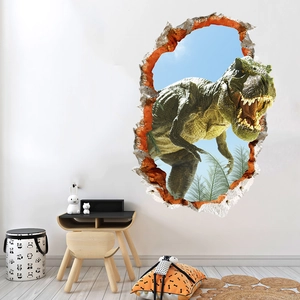 3D T-Rex wall decal detail with realistic skin texture and broken wall effect in kids room