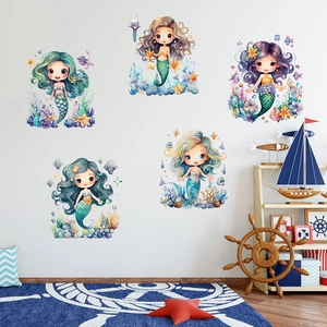 Watercolor mermaid wall decals for kids bedroom featuring sea stars and shells decoration