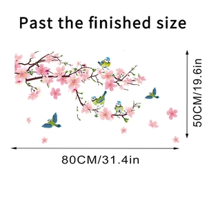 Detail of cherry blossom and bird wall decals showing product dimensions 80x50cm