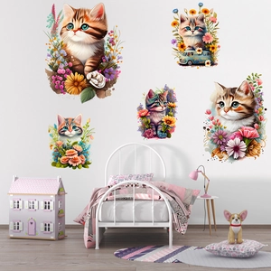 Selbstklebende Wandtattoo Katzen und Blumen für Kinderzimmer, süße Tierdekoration Aufkleber
