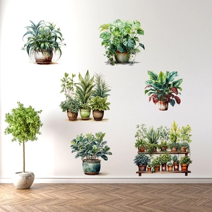Realistic green potted plant wall stickers featuring monstera and cactus for home decor
