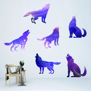 Artistic self-adhesive galaxy wolf wall stickers with starry nebula patterns for home decor