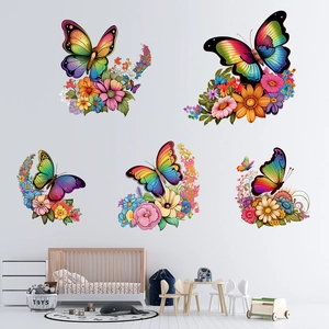 Detail of five colorful butterfly and flower wall stickers set for nursery room decoration