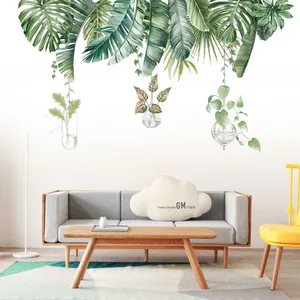 Sticker mural aux feuilles tropicales et plantes suspendues pour décor de salon nordique