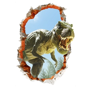 Detail of 3D dinosaur wall sticker showing T-Rex breaking through wall with sky background